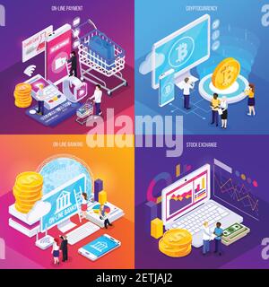 Financial technology isometric design concept electronic payment crypto currency online banking stock exchange isolated vector illustration Stock Vector