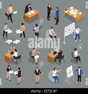 Teamwork efficient collaboration isometric icons collection with interacting unified sharing ideas brainstorming decisions making people vector illust Stock Vector
