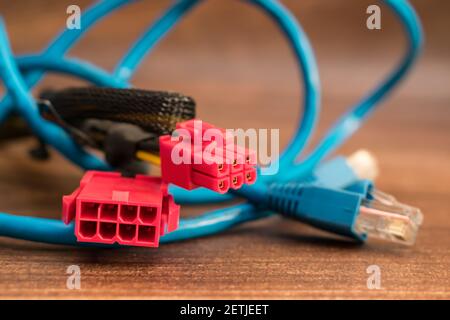 Power cables and connector, as well as a patch cord for the Internet Stock Photo