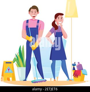 Professional cleaning service team duties accessories flat composition with man woman in uniform sweeping floor vector illustration Stock Vector