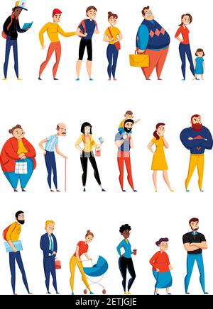 People waiting in queue lining up 3 flat horizontal sets with young parents and elderly vector illustration Stock Vector