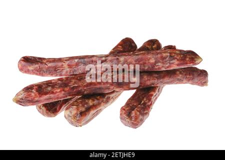 Dried jerked deer and pork sausage isolated on white background Stock Photo