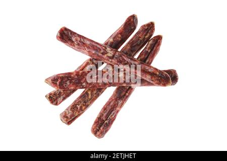 Dried jerked deer and pork sausage isolated on white background Stock Photo