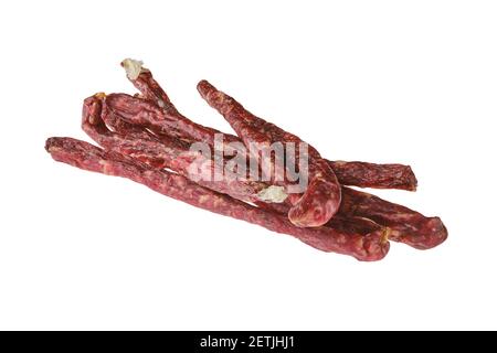 Air dried deer and pork sausage isolated on white background Stock Photo