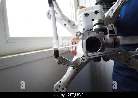 man checking drone close up shot Stock Photo
