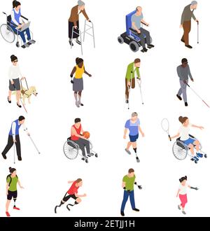 Disabled injured people outdoor activities isometric icons set with sporting limb amputees moving using wheelchair vector illustration Stock Vector