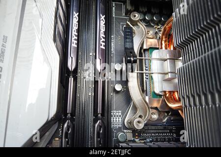 close up shot of desktop computer case inside Stock Photo