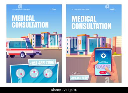 Online medical consultation app cartoon posters. Hands hold smartphone with application interface on hospital building background with ambulance on city street. Medicine, call service, vector banners Stock Vector