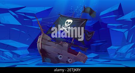 Sunken pirate ship with black sails and flag with skull and crossbones on sea bottom. Vector cartoon underwater landscape with broken wooden boat after wreck, stones and fish Stock Vector