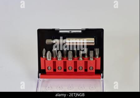 A set of bits for screwing screws with a drill, a screwdriver Stock Photo