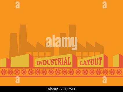 Vector illustration of factories and bulky boxes on conveyor belt on bright orange background. Stock Vector