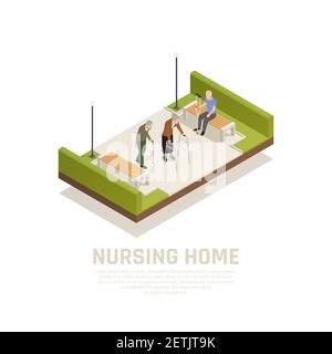 Elders with disabilities nursing home outdoor activities isometric composition with using cane crutches walker people vector illustration Stock Vector