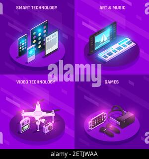 Smart electronic technology gadgets  4 isometric icons composition with readers games musical devices purple background vector illustration Stock Vector