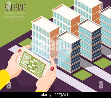 Real estate augmented reality isometric and colored background with apartments in big city vector illustration Stock Vector