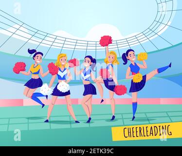 Fans cheering team colored composition team activity with five girls in uniforms vector illustration Stock Vector