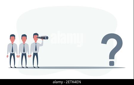 Business vision. Man using telescope looking for success, opportunities, future business trends. Question mark. Confusion and challenge concept Stock Vector