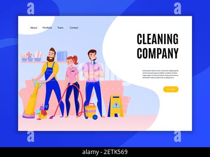 Professional cleaning company service duties offers concept flat home page website banner with personnel vacuuming  vector illustration Stock Vector