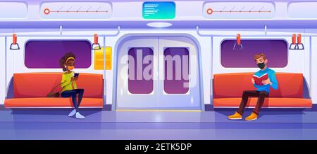 Subway train car with people in masks. Woman with phone and man with book in metro wagon. Vector cartoon illustration of underground railway carriage with sitting passengers that keep social distance Stock Vector