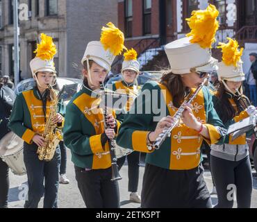 Marching band celebrates St. Patrick's Day at the 42nd Annual Irish-American Parade in the Park Slope neighborhood of Brooklyn in New York on Sunday, March 19, 2017. The family friendly event in the family friendly Park Slope neighborhood attracts hundreds of onlookers and marchers as it wound its way through the Brooklyn neighborhood. New York has multiple St. Patrick's Day Parades, at least one in each of the five boroughs. (Photo by Richard B. Levine) *** Please Use Credit from Credit Field ***