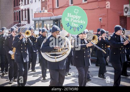 NYPD marching band celebrates St. Patrick's Day at the 42nd Annual Irish-American Parade in the Park Slope neighborhood of Brooklyn in New York on Sunday, March 19, 2017. The family friendly event in the family friendly Park Slope neighborhood attracts hundreds of onlookers and marchers as it wound its way through the Brooklyn neighborhood. New York has multiple St. Patrick's Day Parades, at least one in each of the five boroughs. (Photo by Richard B. Levine) *** Please Use Credit from Credit Field ***