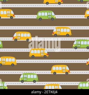Seamless pattern with cute buses on color background. Cartoot transport. Vector illustration. Doodle style. Design for baby print, invitation, poster Stock Vector