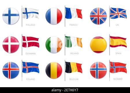 Realistic mockup badge flag icon set with different colors of flags on plastic badges vector illustration Stock Vector