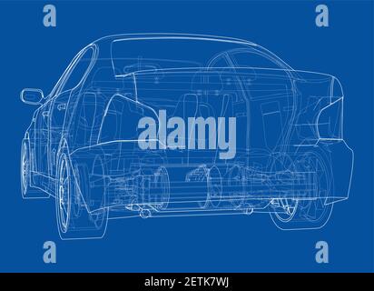 Electric Car With Chassis. Vector rendering of 3d Stock Vector