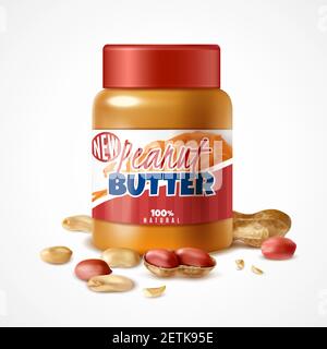 Realistic jar of peanut butter composition with branded can packaging and ripe arachis nuts with shadows vector illustration Stock Vector