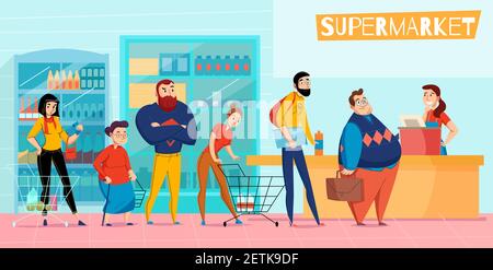 People standing in long supermarket queue lining up waiting checkout customer service horizontal flat composition vector illustration Stock Vector