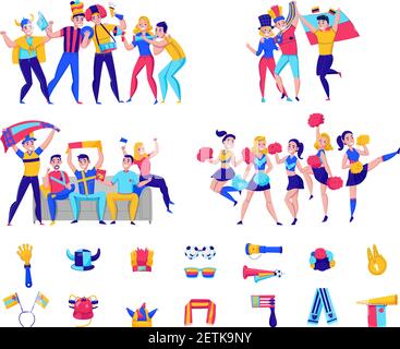 Fans cheering team icon set with groups of people and football attributes cheering for the team vector illustration Stock Vector