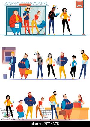 People queuing in supermarket waiting bus checkout lining up for atm cash flat horizontal sets vector illustration Stock Vector