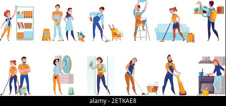 Cleaning service professional duties flat  compositions 2 horizontal sets with floor  sweeping vacuuming mirrors washing vector illustration Stock Vector