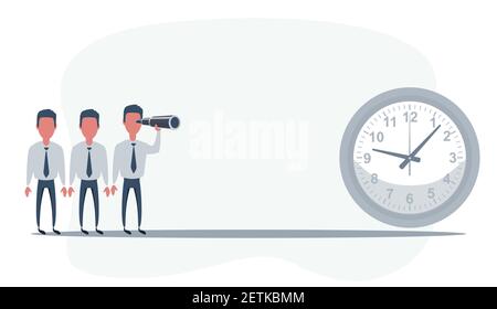 Businessman looking in future on time. Man using telescope looking for success, opportunities, future business trends. Stock Vector