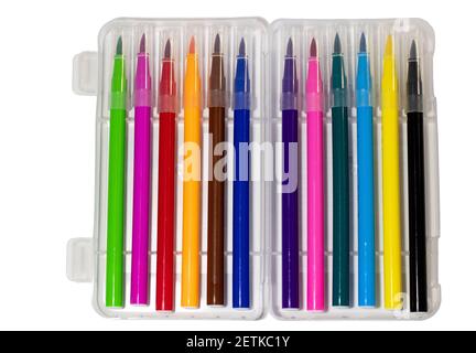 Packaging with multi-colored markers on a white isolated background Stock Photo