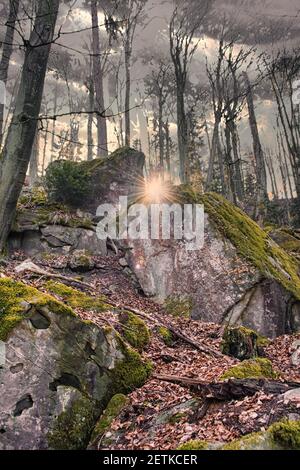 Sun shining just above the rocks in the forest with trees above and a cloudy sky Stock Photo