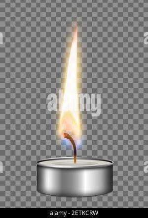 Colored realistic candle metal case flame fire light composition on transparent background vector illustration Stock Vector
