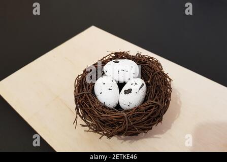 Eggs in a nest of branches on a black isolated background Stock Photo