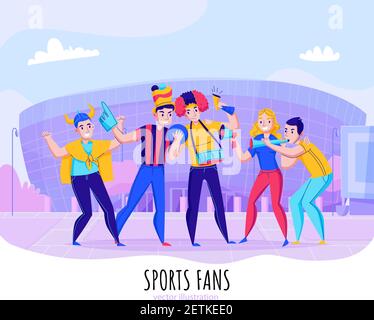 Fans cheering team composition with group of people pose on stadium background vector illustration Stock Vector