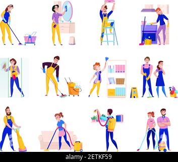 Professional cleaning service duties flat icons set with shelves dusting shower washing floors vacuuming isolated vector illustration Stock Vector