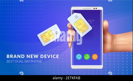 Realistic memory card sim background with brand new device best dual sim phone headline vector illustration Stock Vector