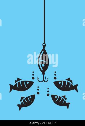 Drawing of fishes attracted to fishing bait with hooks under water. Minimalist style vector illustration in black isolated on blue background Stock Vector