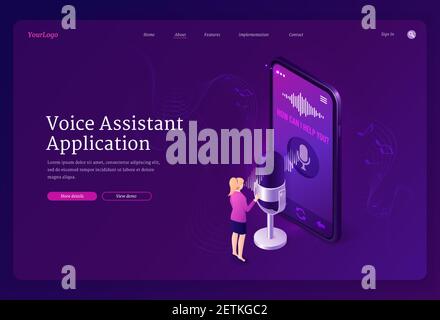 Voice assistant application isometric landing page. Speaker command recognition smart app, digital identification technologies. Tiny woman stand at huge smartphone with microphone 3d vector web banner Stock Vector