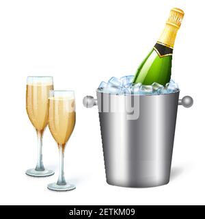 Colored realistic champagne bucket composition with cold champagne and two full glasses vector illustration Stock Vector