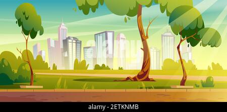 City park, summer or spring time scenery landscape, cityscape background, empty public place for walking and recreation with green trees and lawn. Urban garden with pathway Cartoon vector illustration Stock Vector