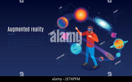 Astrophysics augmented reality application isometric composition with ar glasses open space experience among celestial bodies vector illustration Stock Vector