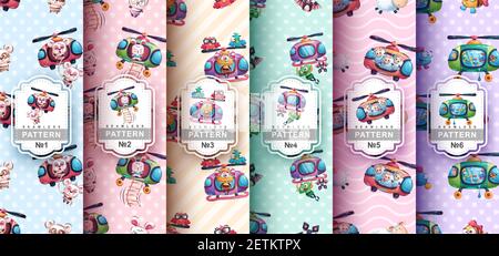 Set cartton character cute animal fish - seamless pattern Stock Vector