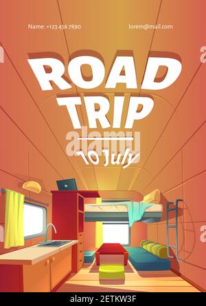 Road trip cartoon ad poster with camping trailer car interior, Rv motor home room with loft bed, couch, kitchen sink and window. advertising banner for motorhome traveling voyage, vector illustration Stock Vector