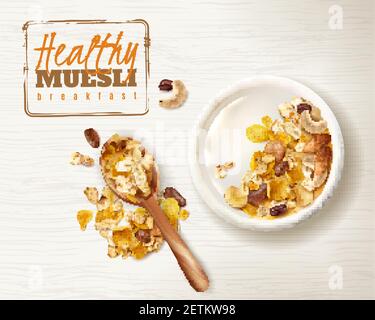 Realistic bowl muesli superfood healthy breakfast with delicious granola cereals editable text plate and spoon images vector illustration Stock Vector