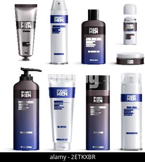 Mens cosmetics bottles design colored realistic icon set with blue and black line logos vector illustration Stock Vector