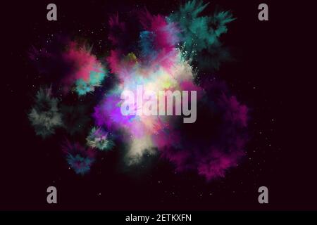 Colored powder explosion. Abstract closeup dust on black background. Stock Photo